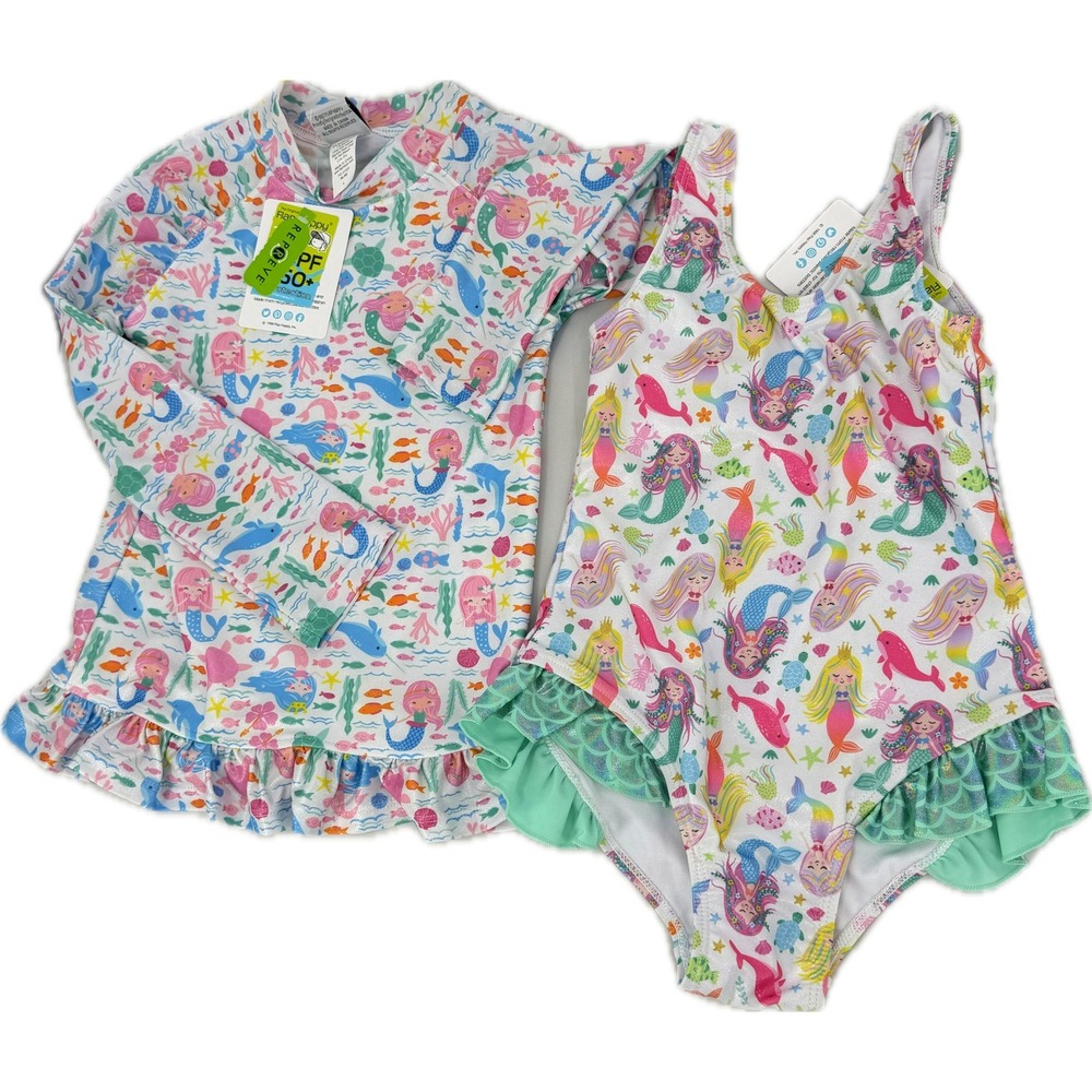 Flap Happy Girls 7 Mermaid Rash Guard One Piece Swimsuit Set UPF 50 NWT - Picture 2 of 9